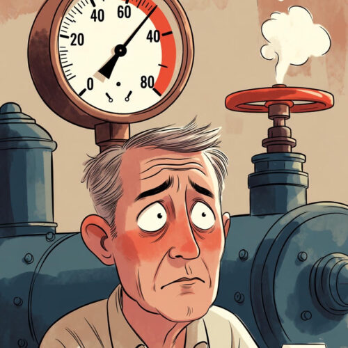 Cartoon: Man with red face sitting in front of a pressure gauge and a wine glass