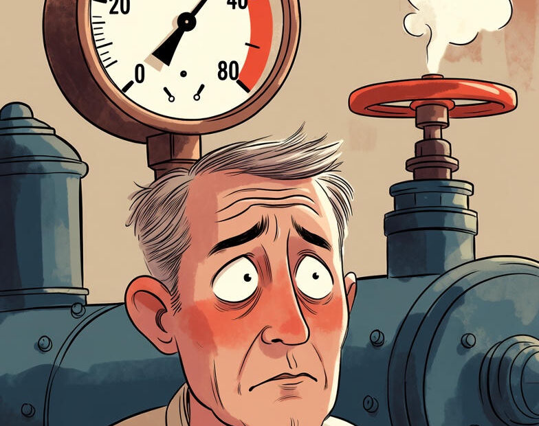 Cartoon: Man with red face sitting in front of a pressure gauge and a wine glass