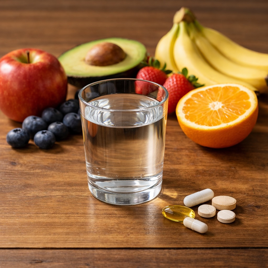 Fruit and supplements with a glass of water on a wooden table