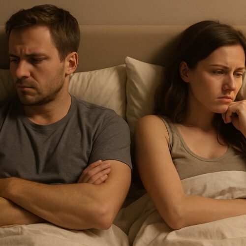Couple lying back to back in bed, visibly frustrated – symbolizing loss of intimacy due to alcohol.