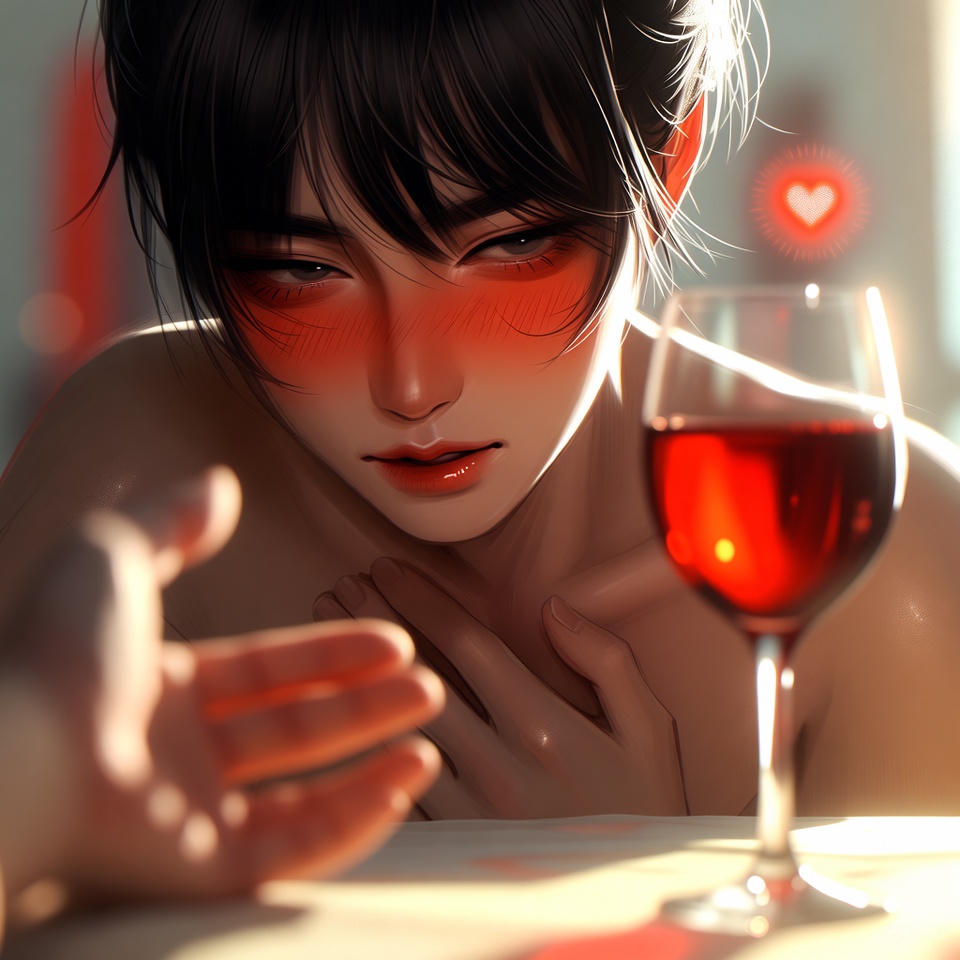 Woman looks at a wine glass with a reddened face. Artistic representation of a reaction to histamine.