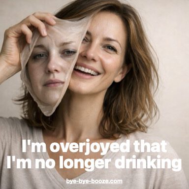 Woman pulls silicone mask off her face, which reflects her former self from the time when she was still drinking.