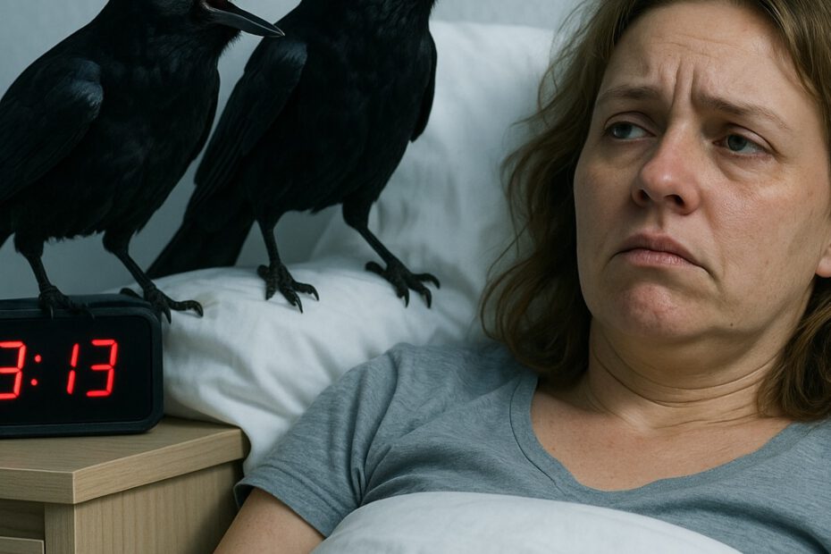 Woman lies awake in bed at 3:13 a.m.; crows as a symbol of fear, digital alarm clock