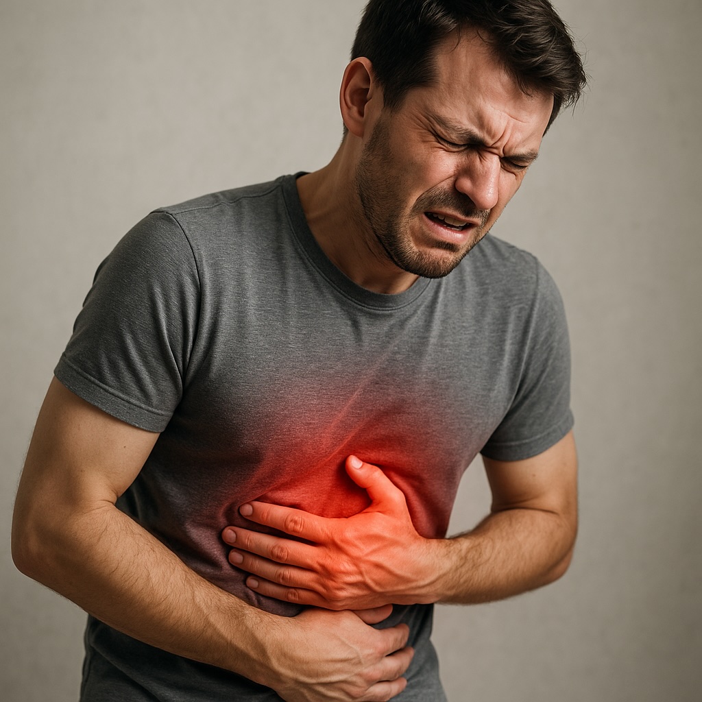 Image: Man with painful inflammation of the pancreas holding his aching stomach