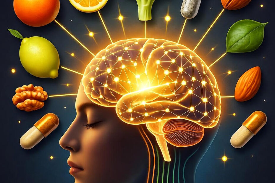 Semi-symbolic representation: A head viewed from the side, with the brain depicted as a glowing network. Colorful lines or streams of light flow into this network, originating from fruit, vegetables, and capsules.