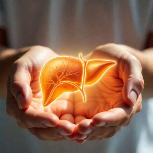 Stylized liver, protected by two hands