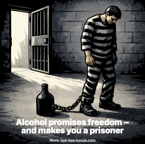 Comic-style drawing: A prisoner stands in a prison cell, chained to a heavy metal ball shaped like a wine bottle. The cell door to freedom is wide open, but he can't step out because of the weight chained to his leg.