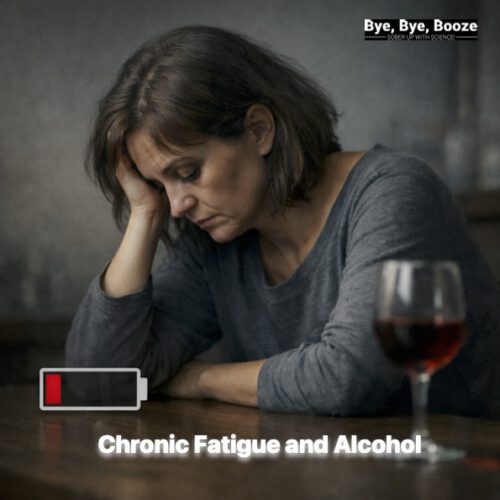 A woman sits exhausted at the table, next to her a half-full glass of red wine. In the foreground, a warning light indicating a low battery.