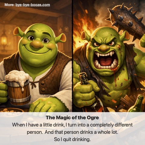 Split screen: Sober and friendly ogre. Drunk Ogre-Monster.