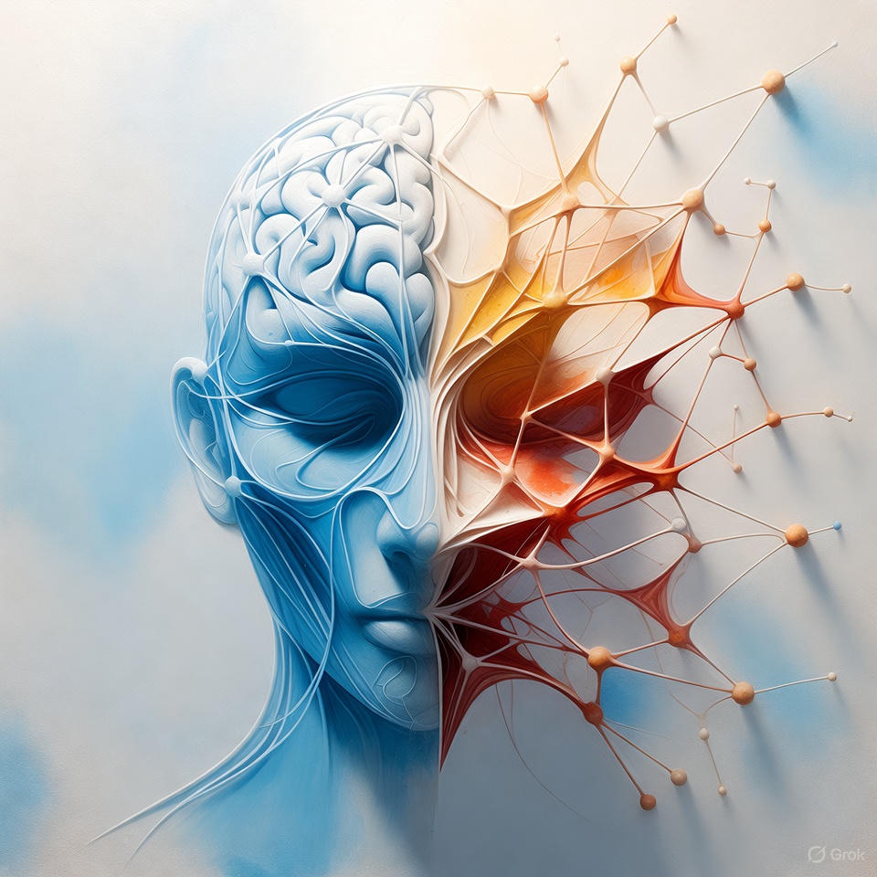 abstract artistic visualization of a human neural network, one side calm with smooth blue lines, the other side chaotic with warm disrupted patterns