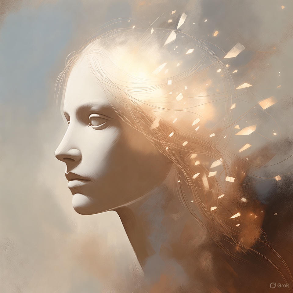 Conceptual, artistic illustration of memory loss caused by deficiency. Neutral human head silhouette in soft light, side view. From the back of the head, subtle glowing fragments drift away like fading memories.