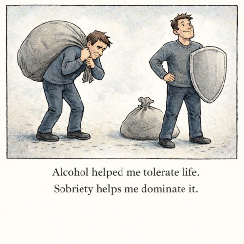 Comic. Man carrying a heavy load vs. man with a protective shield as a symbol of life with alcohol addiction and sobriety.