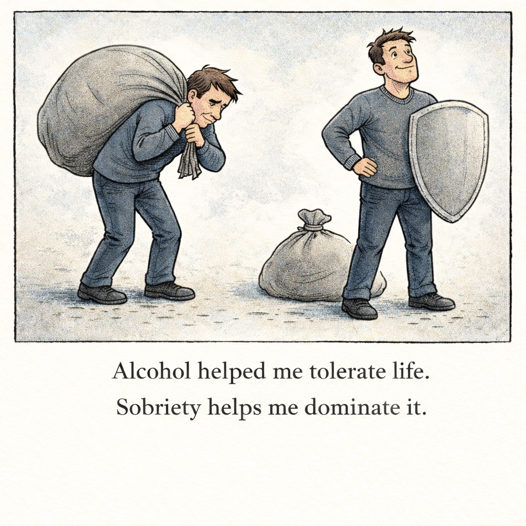 Comic. Man carrying a heavy load vs. man with a protective shield as a symbol of life with alcohol addiction and sobriety.