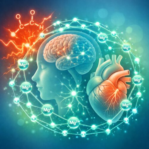 Artistic representation of the protective effect of magnesium on the brain and heart when exposed to alcohol