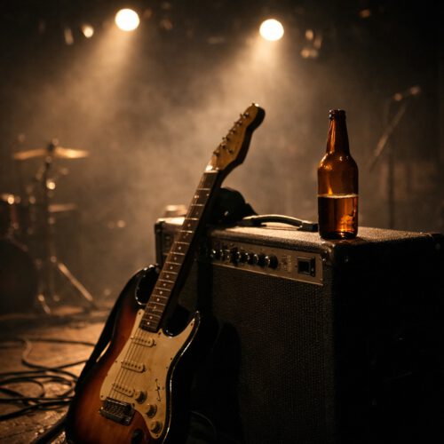 Empty stage after a rock concert. An electric guitar leans against the amplifier, next to it stands a half-full beer bottle in the stage light.