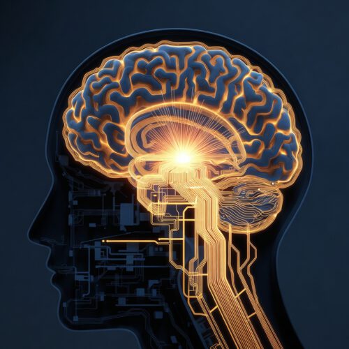 A 3D visualization of the silhouette of a human brain. Inside the brain, bright golden nerve pathways are deeply engraved like a highway (representing the addiction memory).
