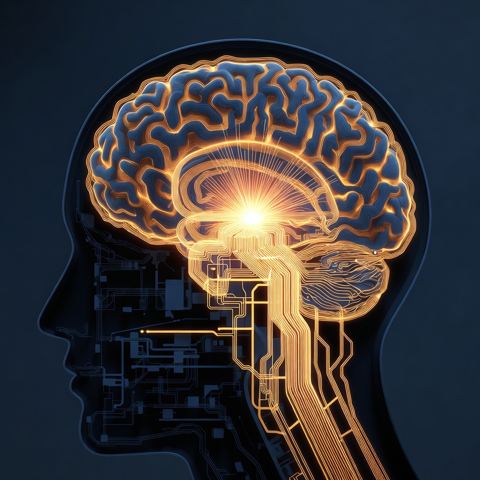 A 3D visualization of the silhouette of a human brain. Inside the brain, bright golden nerve pathways are deeply engraved like a highway (representing the addiction memory).