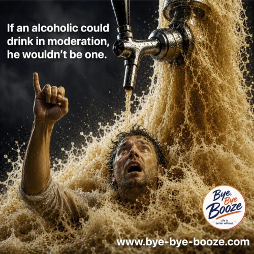 A man is engulfed by a massive wave of beer and foam pouring from an oversized tap. In his desperation, he raises a single finger—a surreal metaphor for trying to stick to “just one last glass” and losing control.