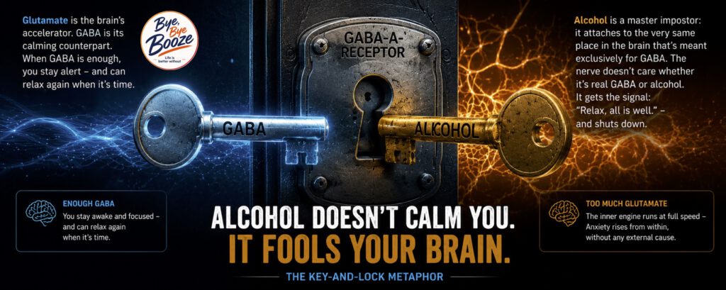Editorial illustration showing a large metal lock labeled “GABA-A Receptor” between two keys. A blue key labeled “GABA” approaches from the left, while a gold key labeled “Alcohol” fits into the same lock from the right. The background contrasts cool blue neural patterns with warm orange branching networks. The graphic explains that alcohol binds to the same receptor as GABA, temporarily mimicking its calming signal to the brain.