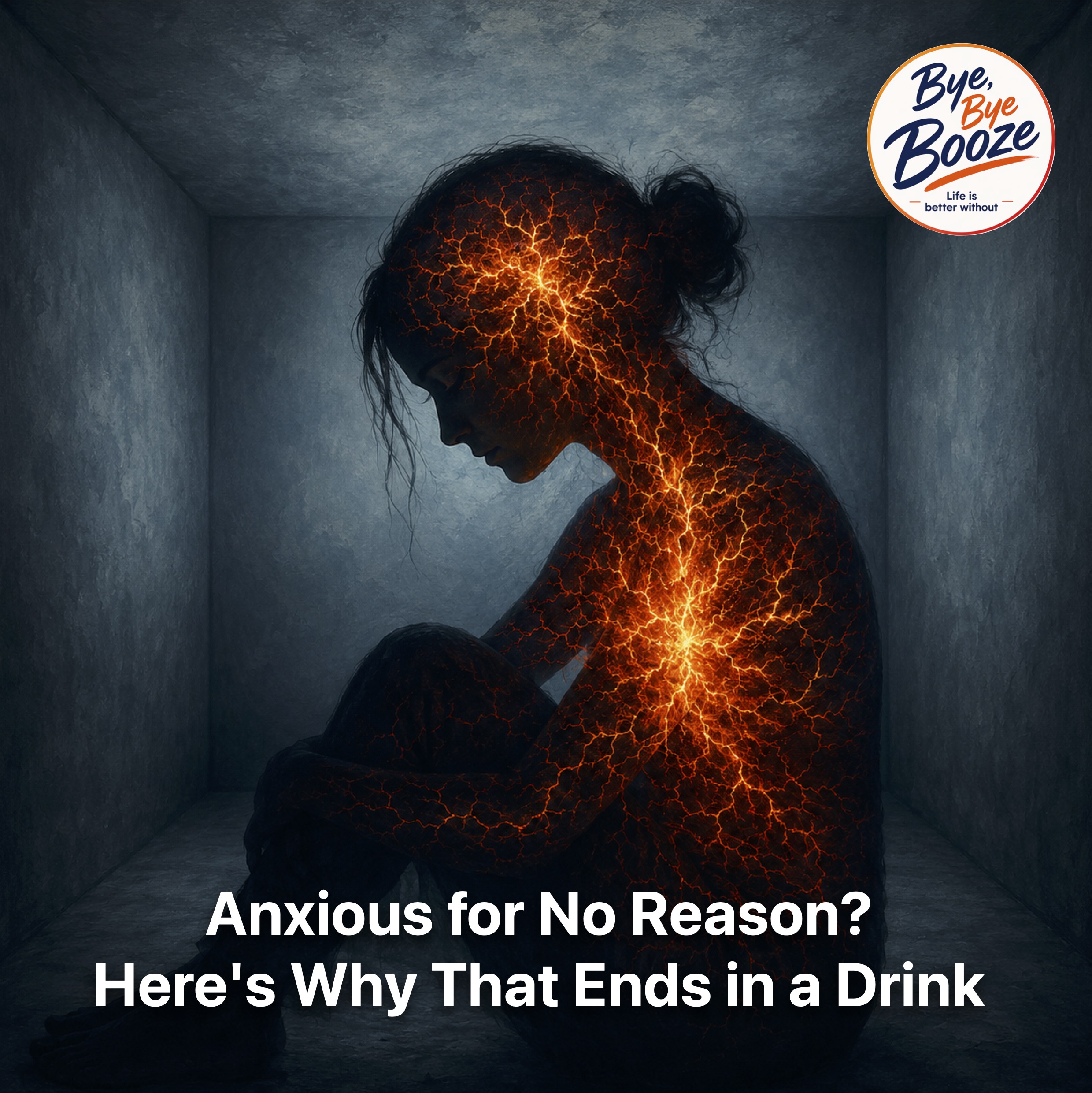 Editorial illustration of a woman depicted as a dark silhouette, sitting alone in a small, cramped room. Inside her body and head, a dense network of orange-red, lightning-like structures glows, symbolizing a violent inner storm of nerves. The room itself appears calm, cool, and quiet, forming a stark contrast to the intense activity inside the figure.