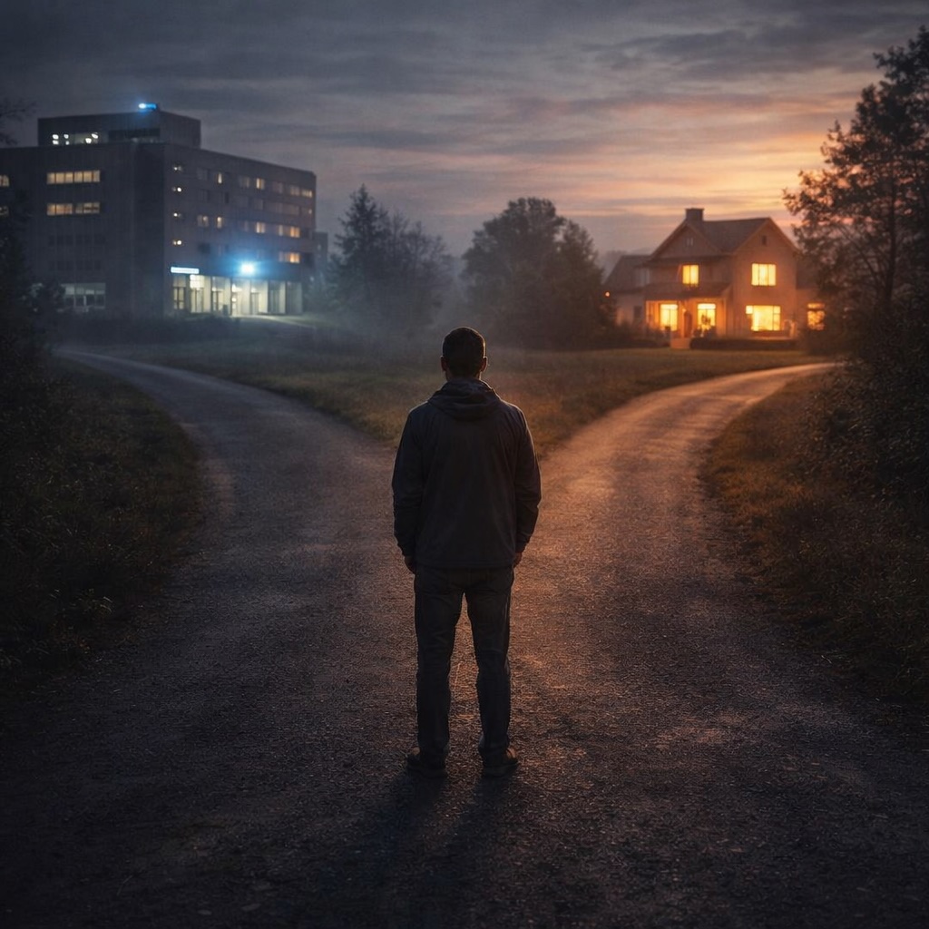 A person stands at a fork in the road between the clinic and home—a symbol of different paths in alcohol withdrawal