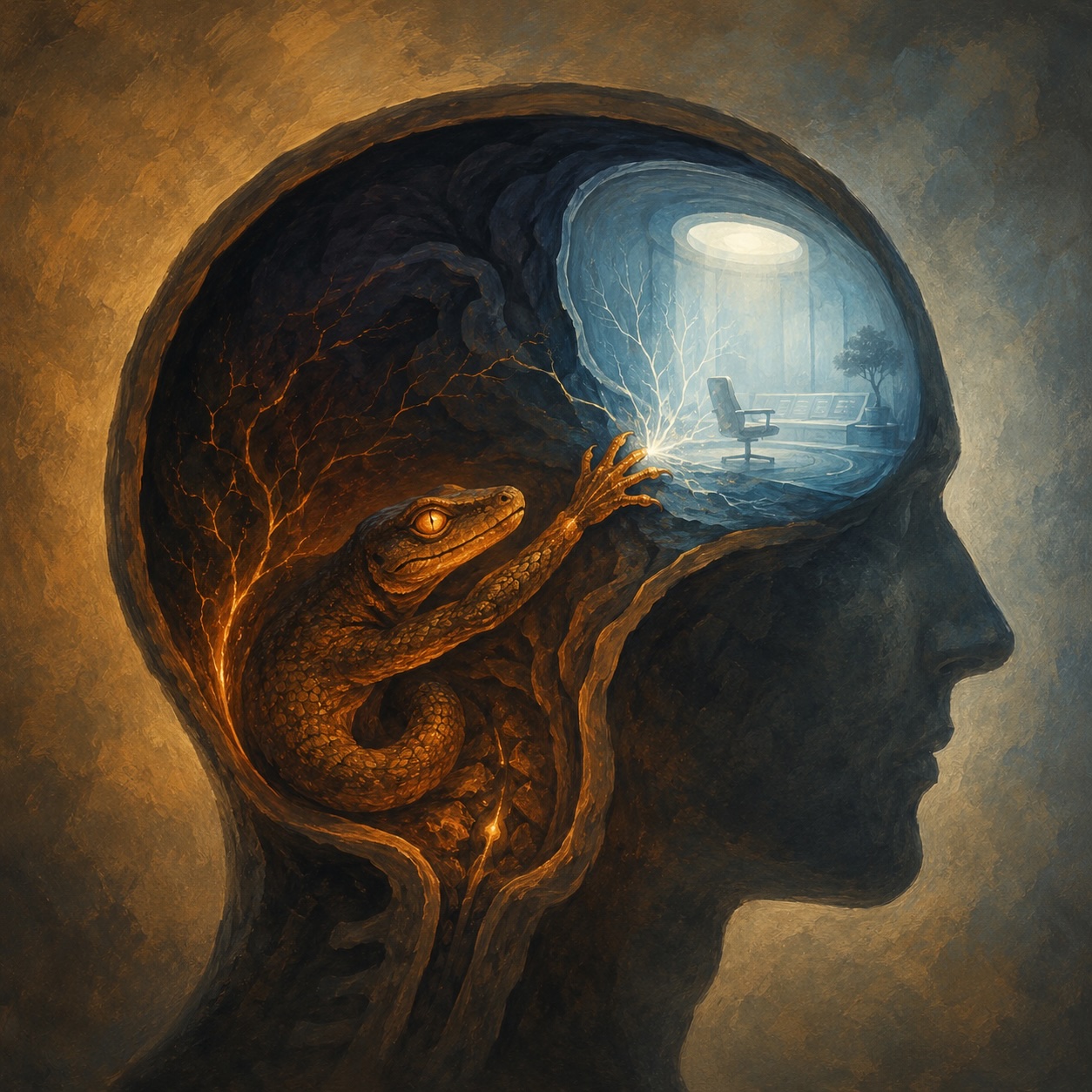 Artistic depiction of the reptilian brain: A lizard sits in the cerebellum and reaches for the prefrontal cortex, the command center of our brain