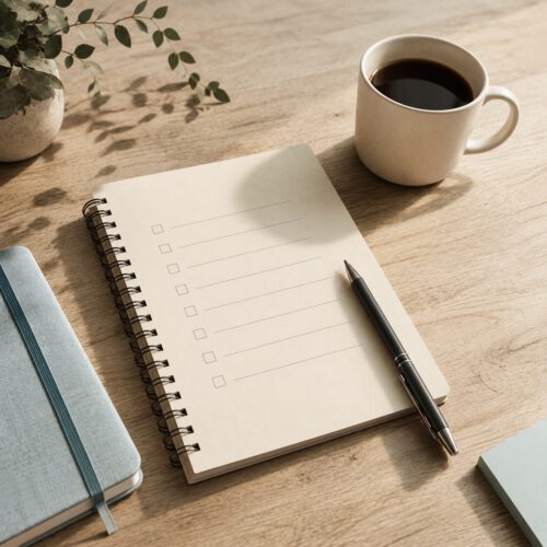 A minimalist flat-lay on a light wooden desk featuring a blank checklist notebook, a black pen, and a white coffee mug in soft natural light. The calm, uncluttered composition suggests thoughtful planning, self-reflection, or completing an important questionnaire.