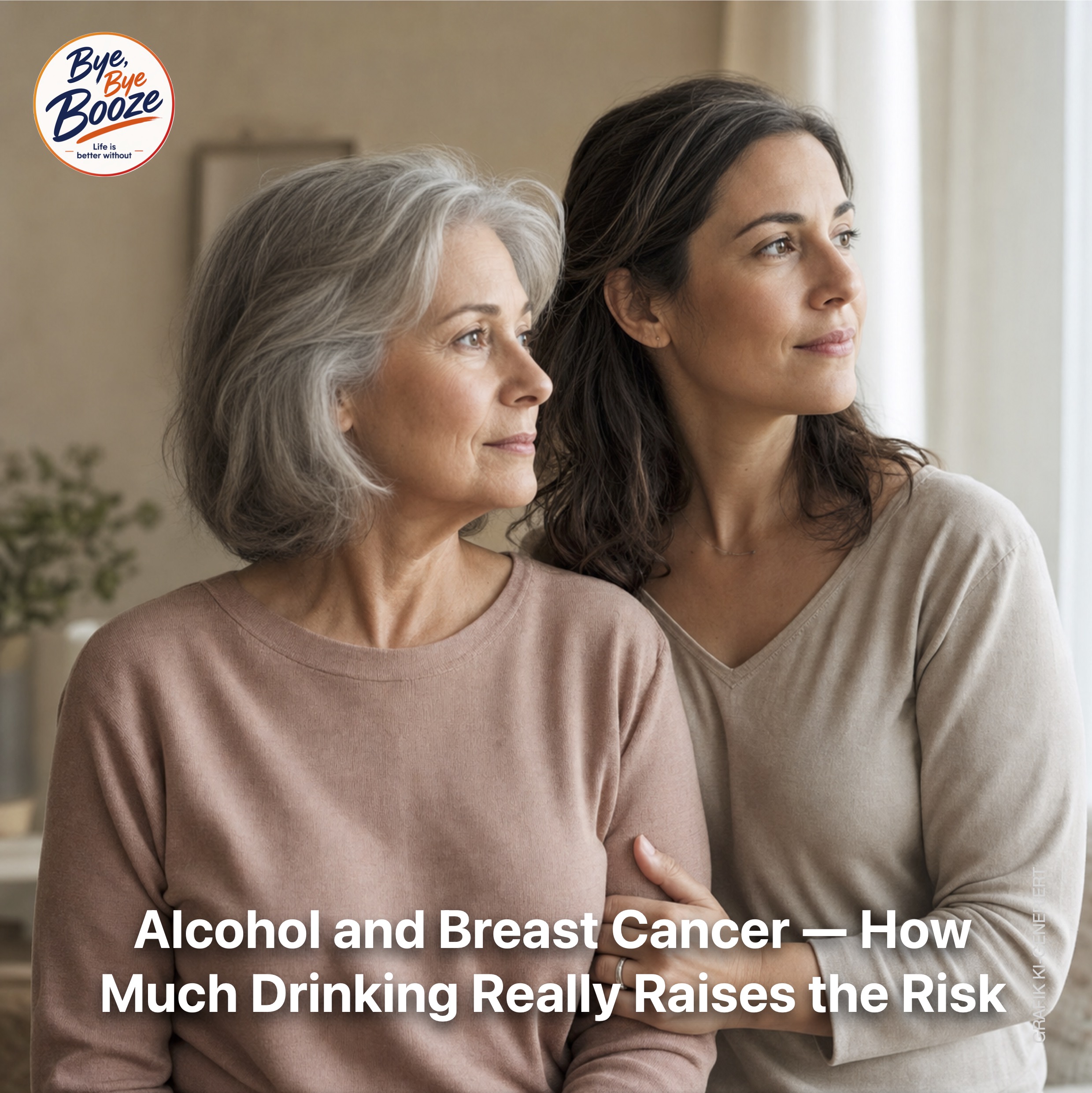 Two adult women from different generations, shown in a natural three-quarter side view, depicted from the waist up. Their body shapes are realistically and subtly outlined beneath simple, everyday clothing. Calm, dignified editorial photography with a warm sense of intimacy. No sexualized poses, no revealing clothing, no medical or dramatic staging.