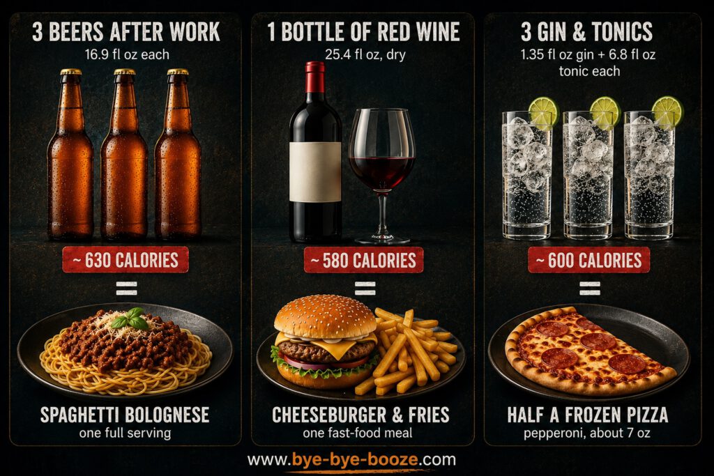 Infographic comparing the calories in alcohol and food: Three beers, each 16.9 fl oz, contain about 630 calories—roughly equivalent to one serving of spaghetti Bolognese; one bottle of dry red wine, with about 580 calories, is equivalent to a cheeseburger with fries; and three gin and tonics, with about 600 calories, are equivalent to half a frozen pizza.