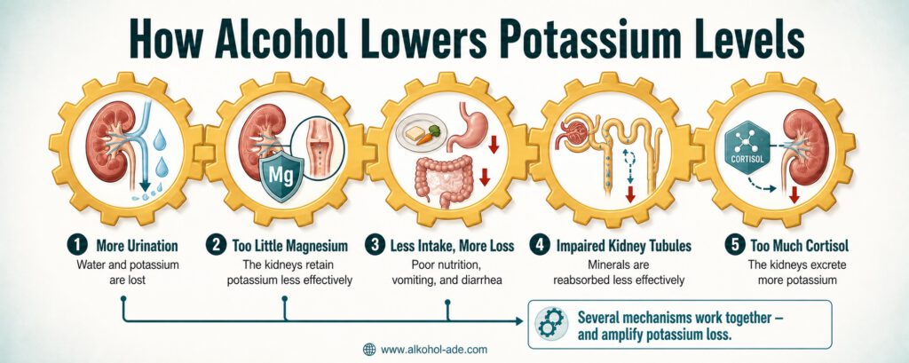 Infographic “How Alcohol Lowers Potassium Levels”: Five interlocking gears illustrate the key mechanisms. Alcohol increases urine output; magnesium deficiency makes it harder to retain potassium; malnutrition, as well as vomiting and diarrhea, cause additional losses; damaged renal tubules are less effective at reabsorbing minerals; and excessive cortisol increases potassium excretion. These mechanisms reinforce one another.