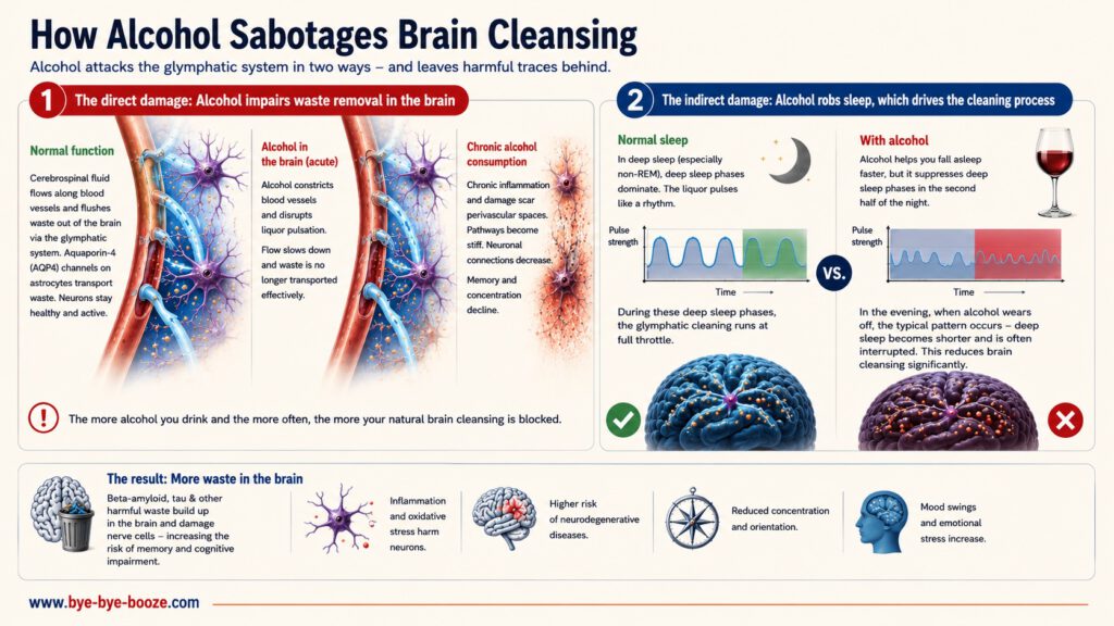 Infographic showing how alcohol disrupts the brain’s glymphatic system by impairing waste removal and disrupting deep sleep, leading to waste buildup, inflammation, cognitive impairment, mood changes, and an increased risk of neurodegenerative disease.