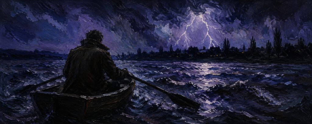 Artistic depiction of Jellinek's escape across the Tisza