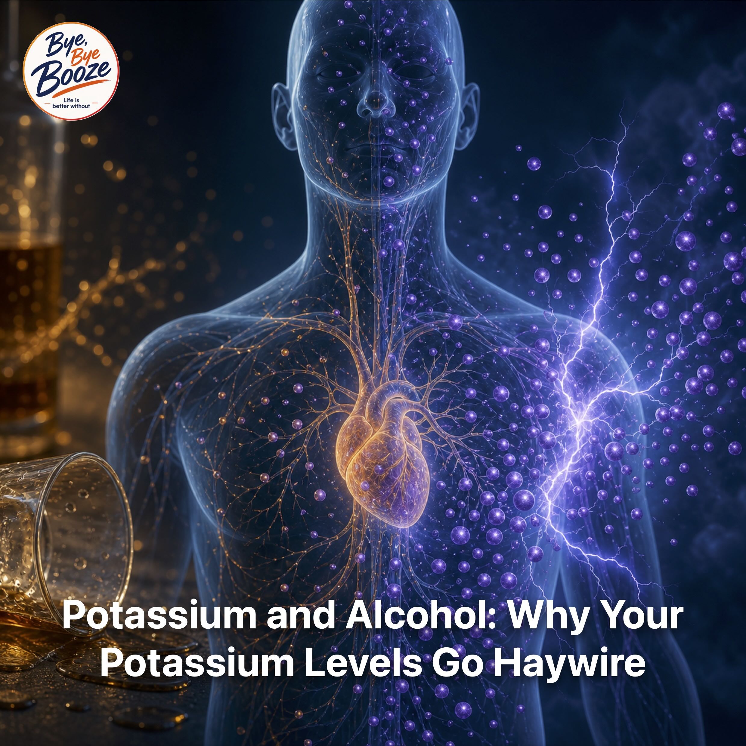 A transparent human silhouette with a glowing heart and nerve pathways, positioned between an overturned glass of alcohol and purple electrical impulses symbolizing fluctuating potassium levels.