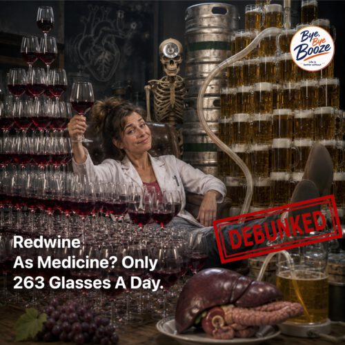 An ironic depiction of a female scientist in a white lab coat surrounded by countless glasses of red wine and beer. The liver, pancreas, and skeleton satirize the absurd notion of consuming health-promoting plant compounds through massive amounts of alcohol.