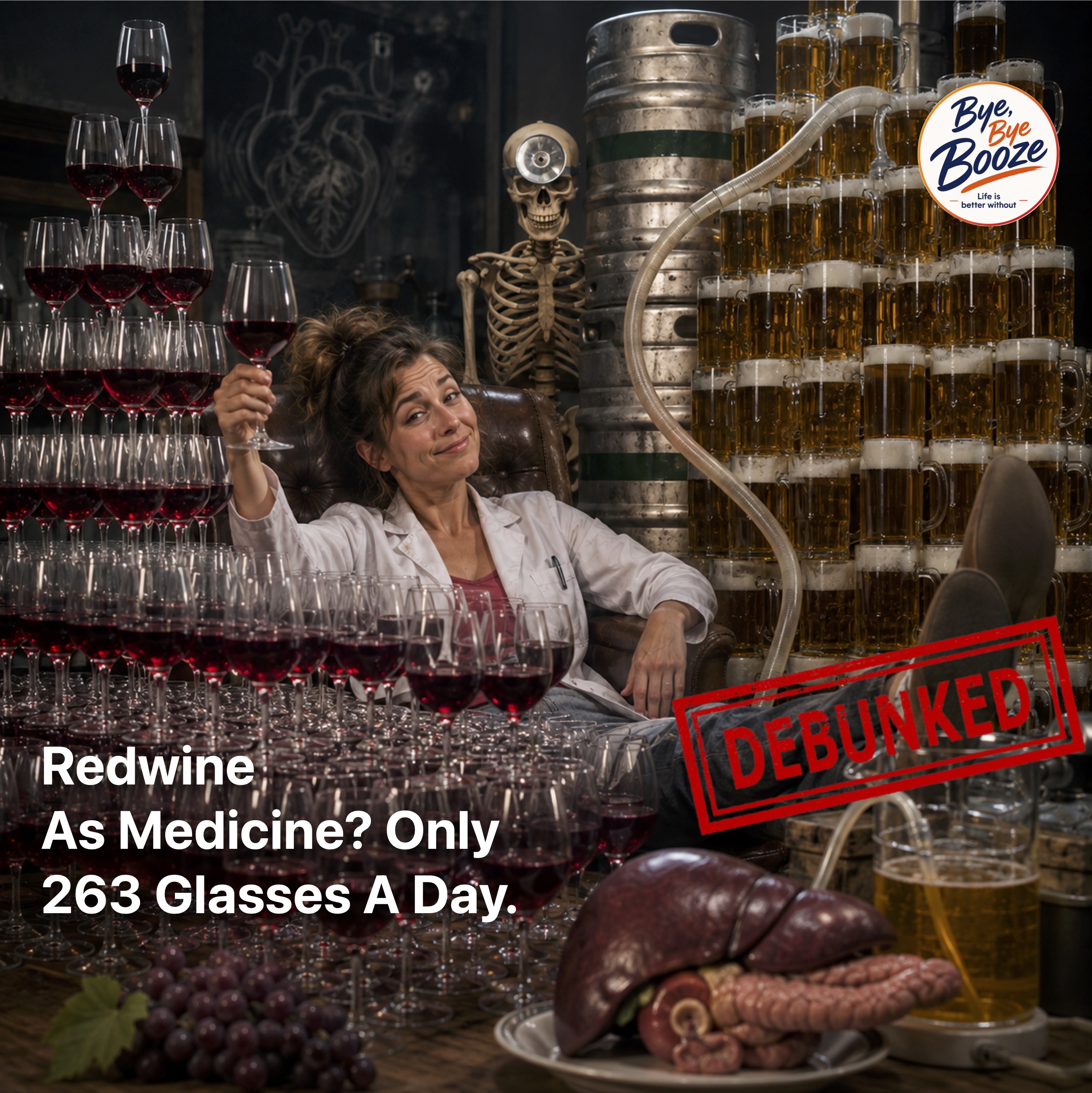 An ironic depiction of a female scientist in a white lab coat surrounded by countless glasses of red wine and beer. The liver, pancreas, and skeleton satirize the absurd notion of consuming health-promoting plant compounds through massive amounts of alcohol.