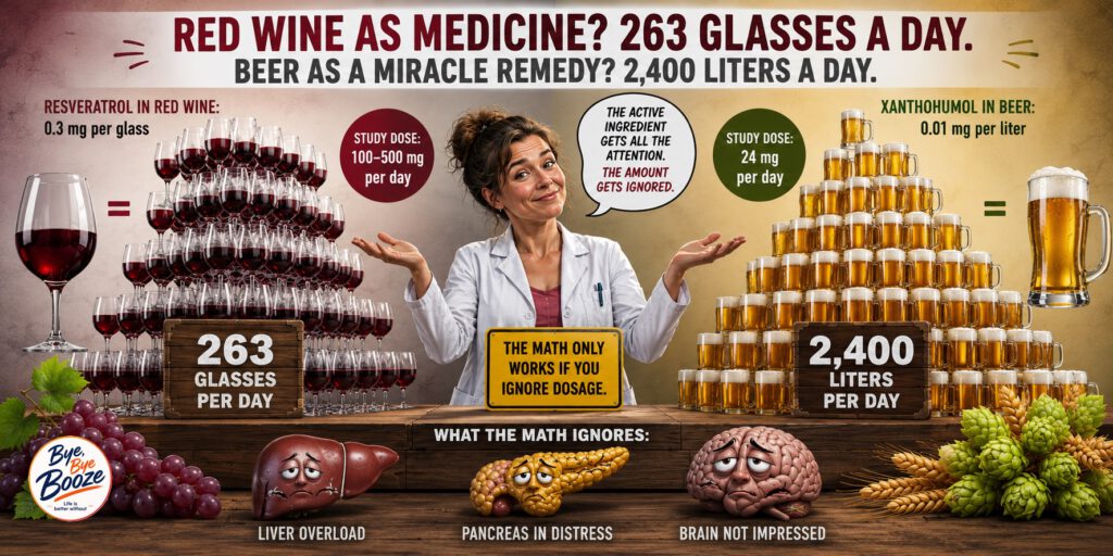 Satirical infographic on the alleged health effects of alcohol: 263 glasses of red wine for a significant dose of resveratrol and 2,400 liters of beer for the dose of xanthohumol studied. The liver, pancreas, and brain ironically illustrate what this absurd calculation overlooks.