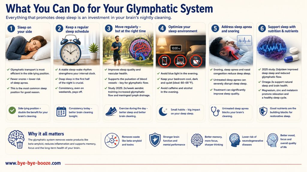 An infographic with six tips for supporting the glymphatic system: sleeping on your side, maintaining a regular sleep schedule, exercising, practicing good sleep hygiene, getting screened for sleep apnea, and using sleep aids with caution. It also shows how good deep sleep supports the nighttime removal of waste products from the brain, as well as memory, concentration, and long-term brain health.