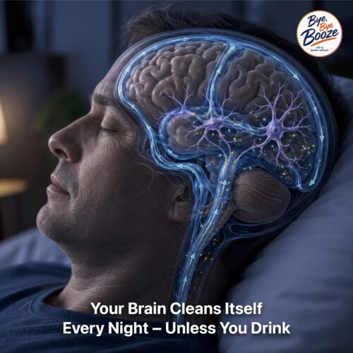 A sleeping man with a transparent depiction of his brain; glowing fluid pathways and astrocytes symbolize how the glymphatic system removes metabolic waste from the brain during sleep.