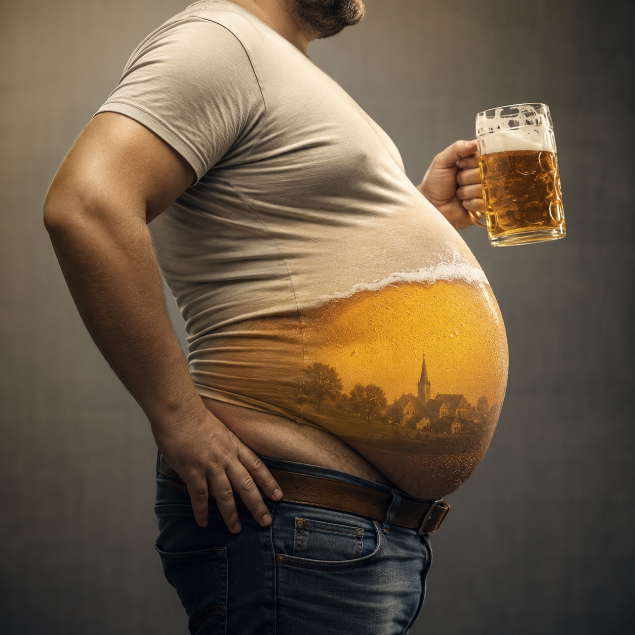 A side view of an overweight man with a pronounced beer belly, humorously depicted as a half-full beer glass with a head of foam. The man is holding a beer mug; the focus is on the symbolic representation of the connection between regular beer consumption and waist circumference.