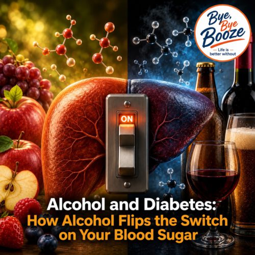 Split-screen illustration of a liver showing the contrasting effects of healthy food and alcohol. The left side is warm and bright, surrounded by fruit and molecular structures; the right side is dark and cool, with beer, wine, and molecular structures. A large illuminated switch labeled “ON” sits in the center of the liver. Text reads: “Alcohol and Diabetes: How Alcohol Flips the Switch on Your Blood Sugar.” The Bye, Bye Booze logo appears in the upper-right corner.