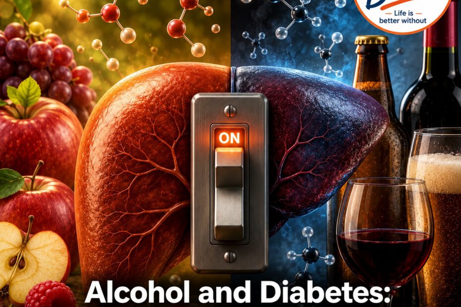 Split-screen illustration of a liver showing the contrasting effects of healthy food and alcohol. The left side is warm and bright, surrounded by fruit and molecular structures; the right side is dark and cool, with beer, wine, and molecular structures. A large illuminated switch labeled “ON” sits in the center of the liver. Text reads: “Alcohol and Diabetes: How Alcohol Flips the Switch on Your Blood Sugar.” The Bye, Bye Booze logo appears in the upper-right corner.