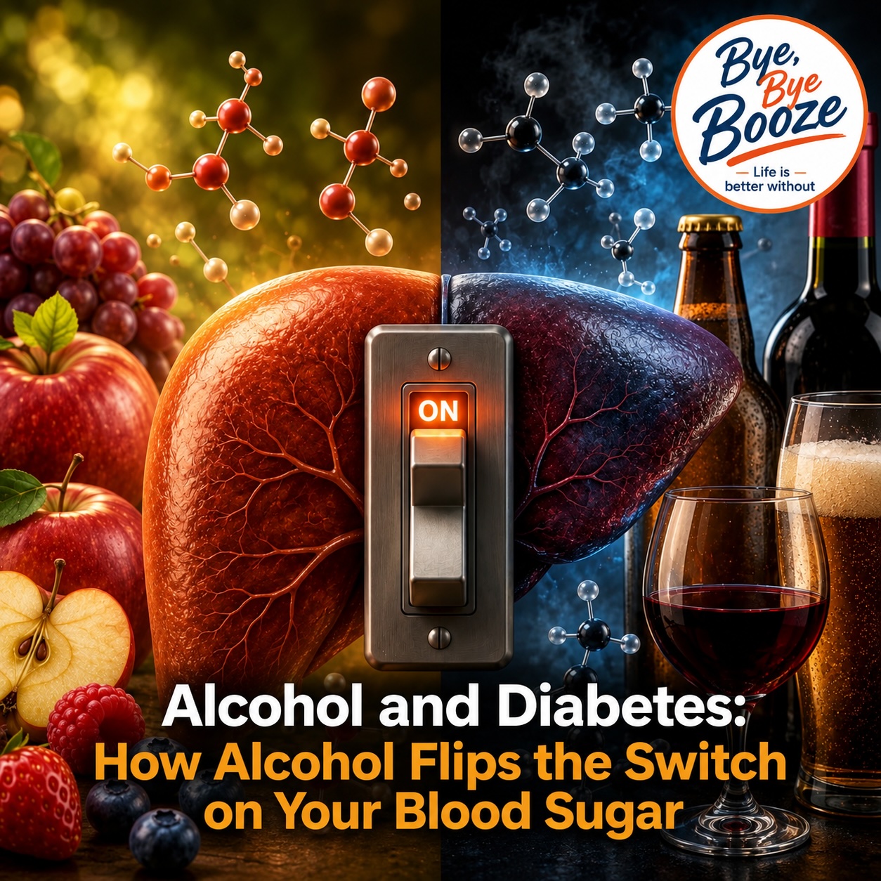 Split-screen illustration of a liver showing the contrasting effects of healthy food and alcohol. The left side is warm and bright, surrounded by fruit and molecular structures; the right side is dark and cool, with beer, wine, and molecular structures. A large illuminated switch labeled “ON” sits in the center of the liver. Text reads: “Alcohol and Diabetes: How Alcohol Flips the Switch on Your Blood Sugar.” The Bye, Bye Booze logo appears in the upper-right corner.