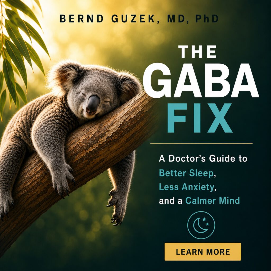 Horizontal banner for The GABA Fix by Bernd Guzek, MD, PhD, featuring a peacefully sleeping koala on a sunlit eucalyptus branch and the subtitle “A Doctor’s Guide to Better Sleep, Less Anxiety, and a Calmer Mind.”