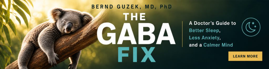 Horizontal banner for The GABA Fix by Bernd Guzek, MD, PhD, featuring a peacefully sleeping koala on a sunlit eucalyptus branch and the subtitle “A Doctor’s Guide to Better Sleep, Less Anxiety, and a Calmer Mind.”