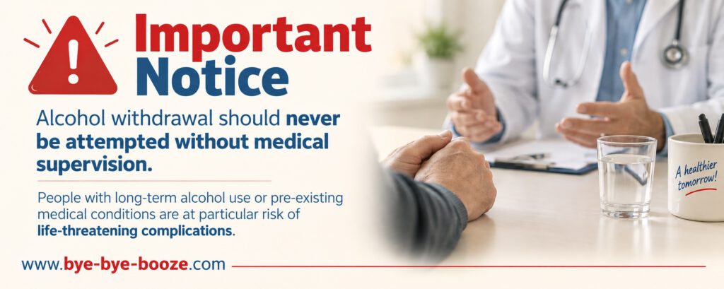 Infographic with a warning symbol and doctor-patient consultation: Alcohol withdrawal should never be attempted without medical supervision. People with long-term alcohol use or pre-existing medical conditions are at particular risk of life-threatening complications.
