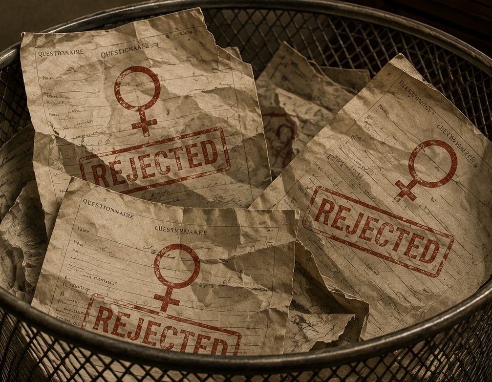 A metal wastebasket in the style of the 1940s is filled with crumpled questionnaires. The female symbol (♀) and a red “REJECTED” stamp are clearly visible on several sheets. In the background stand an old wooden desk and filing cabinets bathed in warm, subdued light. The scene gives the impression that certain data sets or groups of people were systematically weeded out.