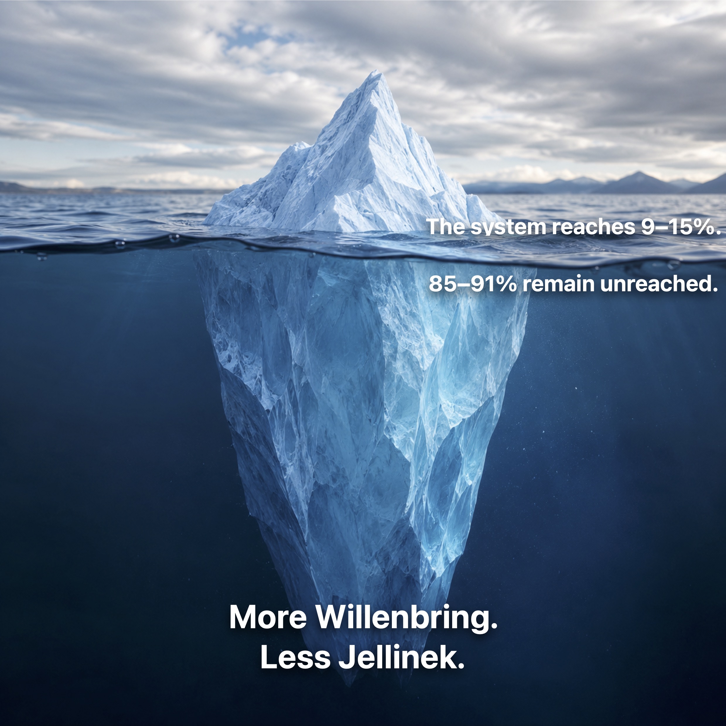 A photorealistic depiction of an iceberg in a square format, offering a view both above and below the water’s surface. Above the water, only a small, sharp-edged tip rises from the calm sea, while below the surface, a massive, deep-blue mass of ice—many times larger—becomes visible. A dramatic sky with thick clouds and distant mountain silhouettes in the background. The image symbolically illustrates that the largest part of a problem lies hidden beneath the surface.