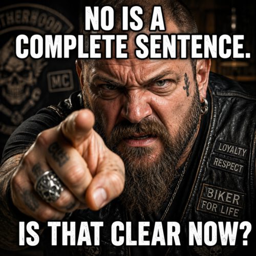 Close-up of a tough-looking but approachable biker pointing directly at the viewer with an intense expression. The meme reads, “NO IS A COMPLETE SENTENCE. IS THAT CLEAR NOW?”