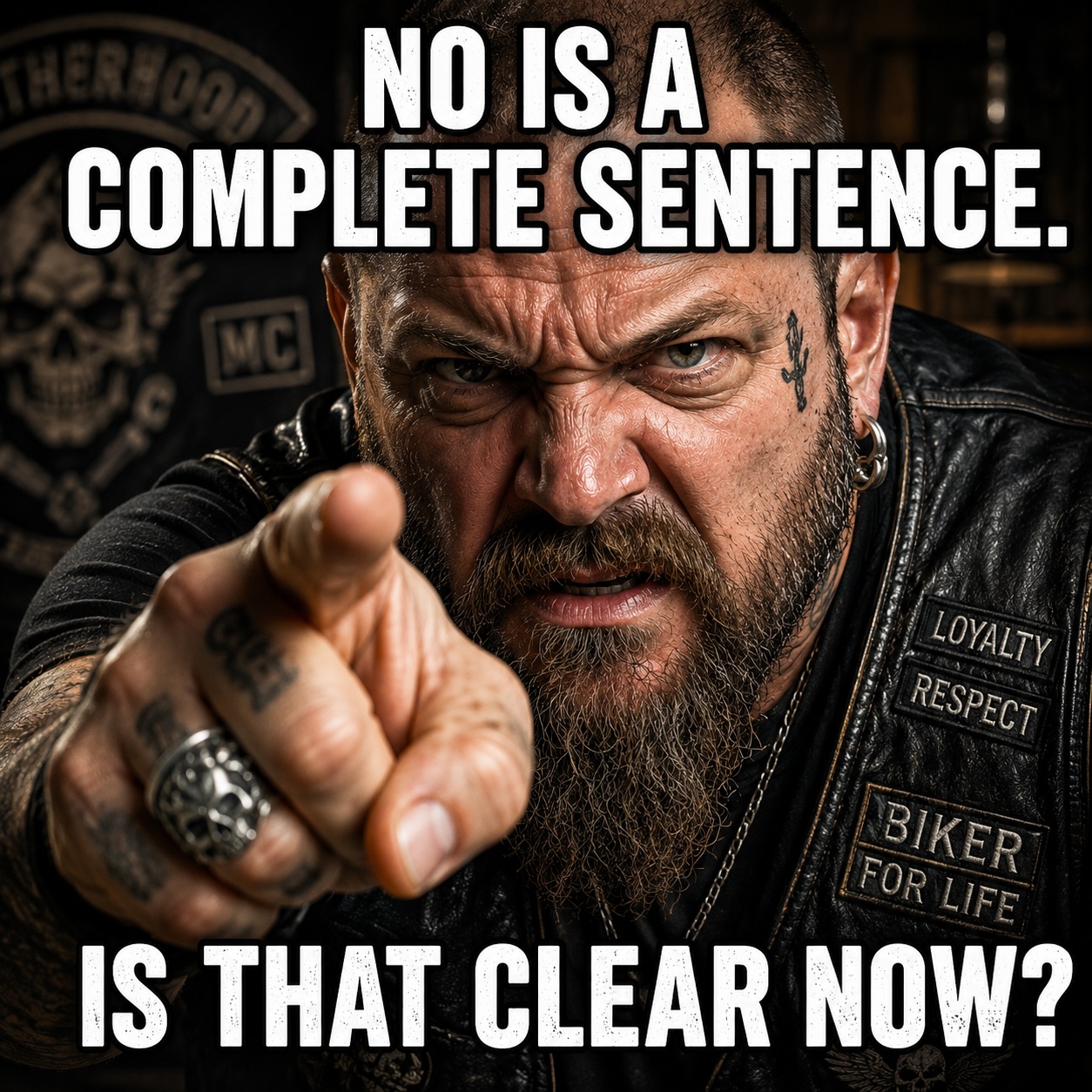 Close-up of a tough-looking but approachable biker pointing directly at the viewer with an intense expression. The meme reads, “NO IS A COMPLETE SENTENCE. IS THAT CLEAR NOW?”