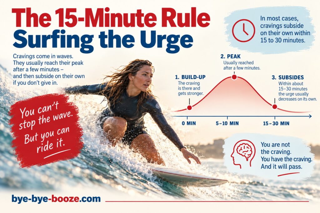 Infographic “The 15-Minute Rule – Surfing the Urge”: A surfer riding a wave illustrates how alcohol cravings rise, peak after a few minutes, and usually subside within about 15–30 minutes. A curve visualizes the three stages: build-up, peak, and subsiding. Key message: “You can’t stop the wave. But you can ride it.”